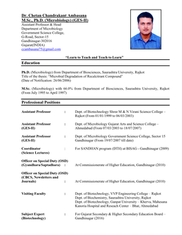 Dr. Chetan Chandrakant Ambasana M.Sc., Ph.D. (Microbiology) (GES-II