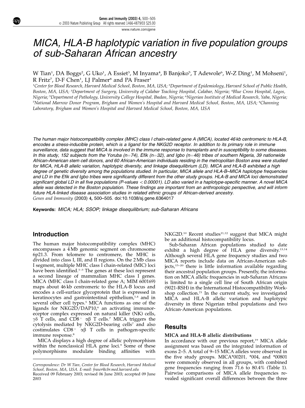 MICA, HLA-B Haplotypic Variation in Five Population Groups of Sub-Saharan African Ancestry