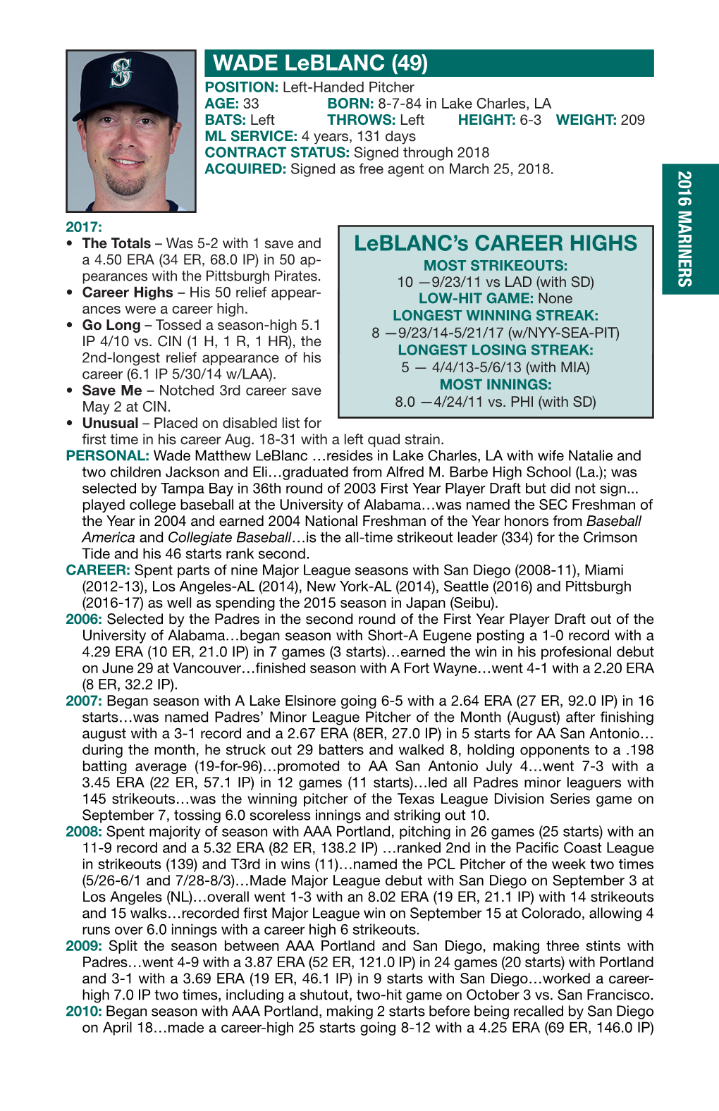 WADE Leblanc (49) Leblanc WADE POSITION: POSITION: AGE: BATS: ML SERVICE: STATUS: CONTRACT ACQUIRED: His 50 Relief Appear His 50 Relief –