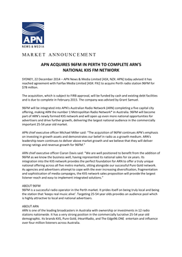 Market Announcement Apn Acquires 96Fm in Perth To