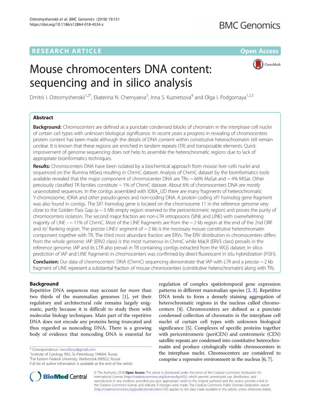 Mouse Chromocenters DNA Content: Sequencing and in Silico Analysis Dmitrii I
