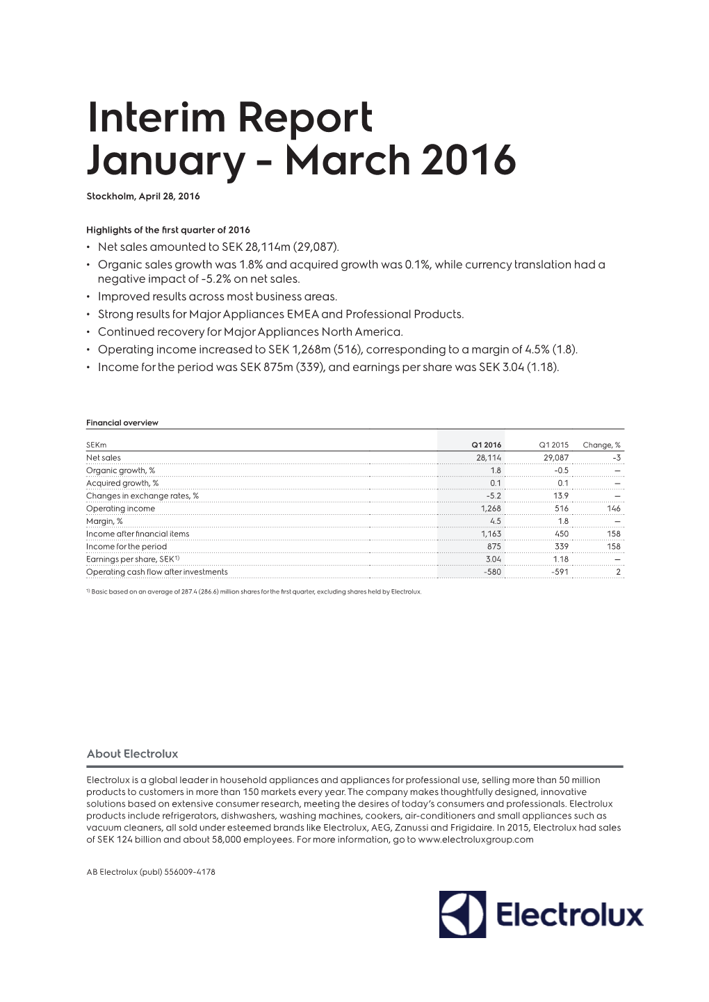 Interim Report January - March 2016 Stockholm, April 28, 2016