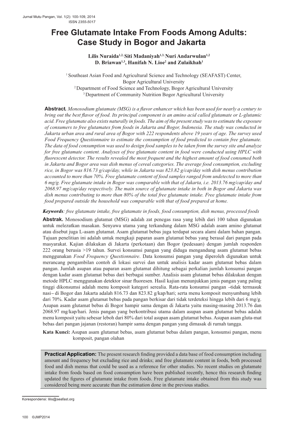 Free Glutamate Intake from Foods Among Adults: Case Study in Bogor and Jakarta