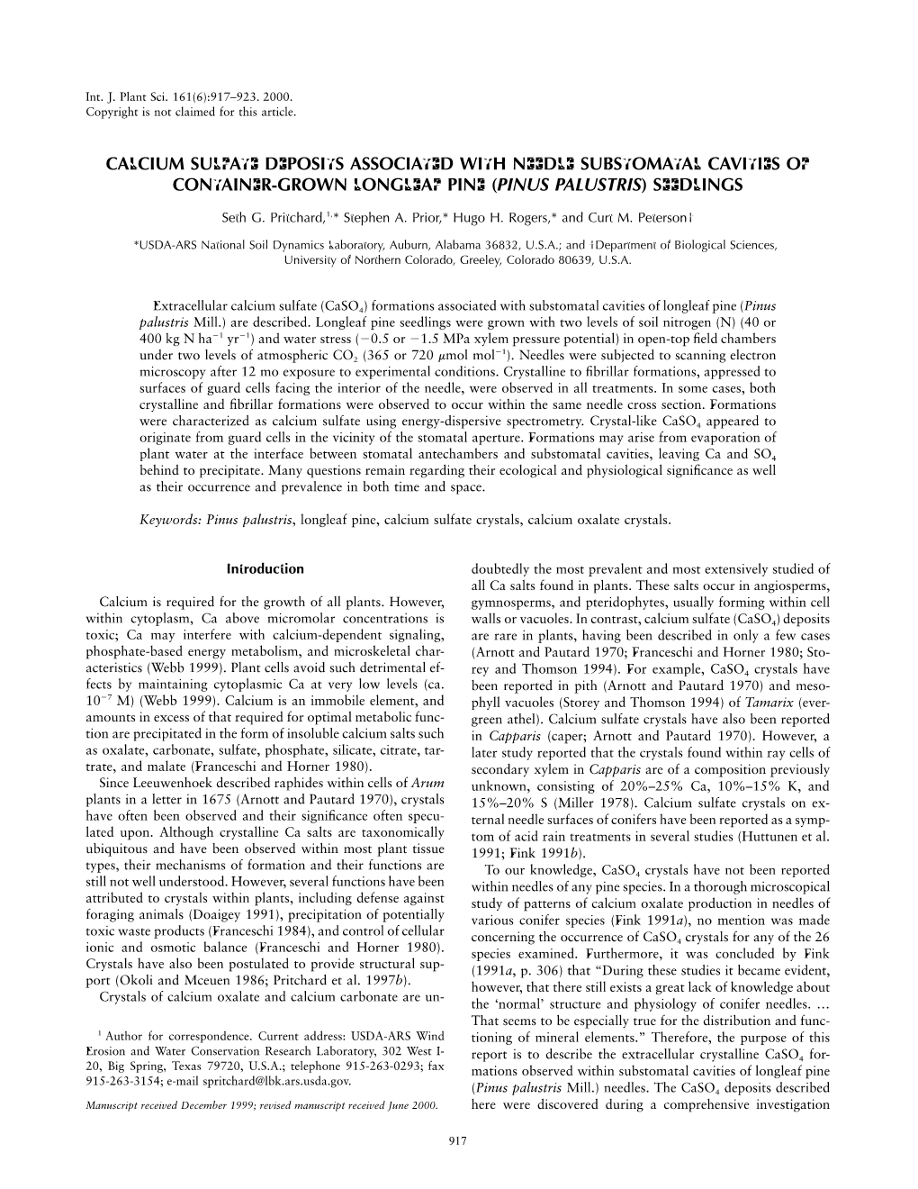 Calcium Sulfate Deposits Associated with Needle Substomatal Cavities of Container-Grown Longleaf Pine (Pinus Palustris) Seedlings