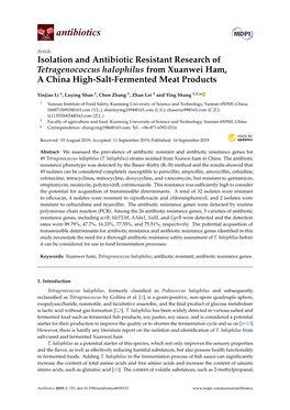 Isolation and Antibiotic Resistant Research of Tetragenococcus Halophilus from Xuanwei Ham, a China High-Salt-Fermented Meat Products