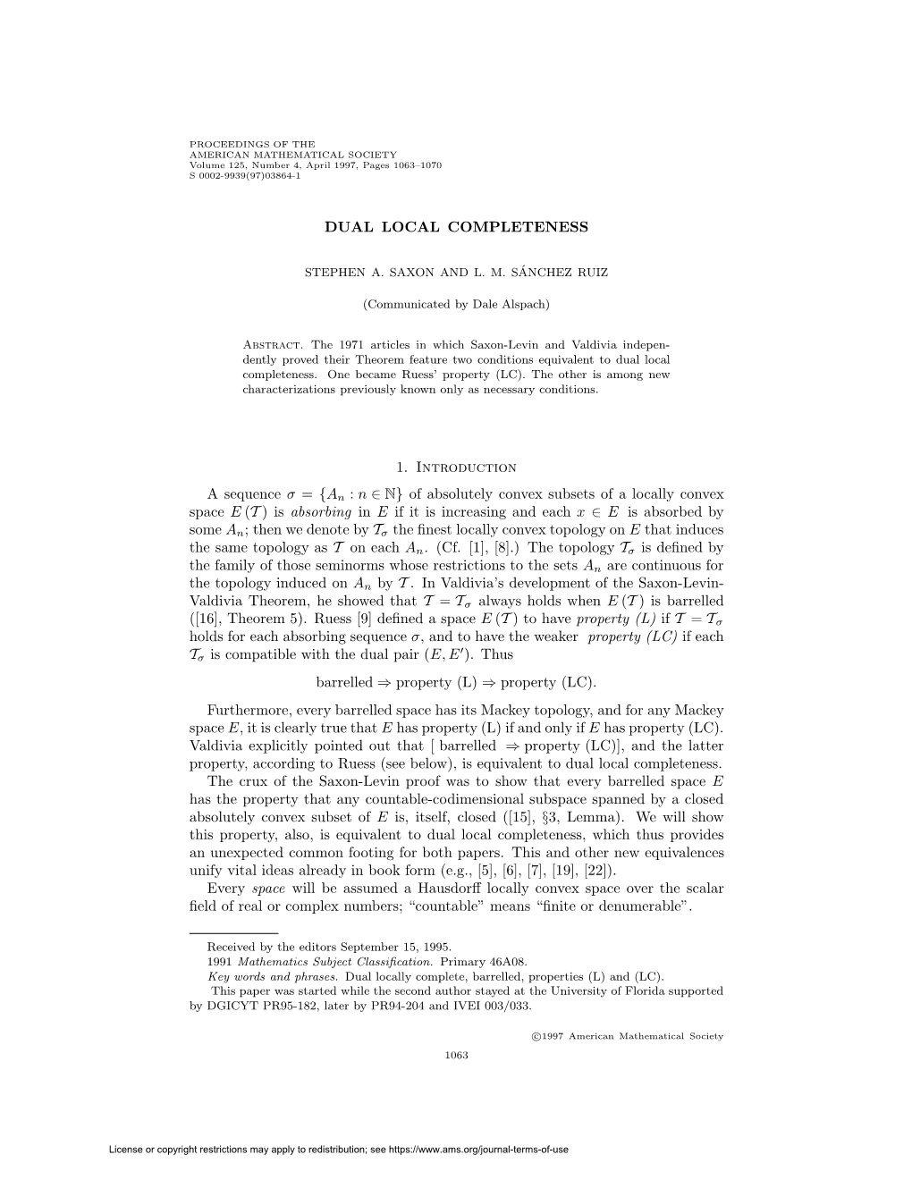 DUAL LOCAL COMPLETENESS 1. Introduction a Sequence Σ