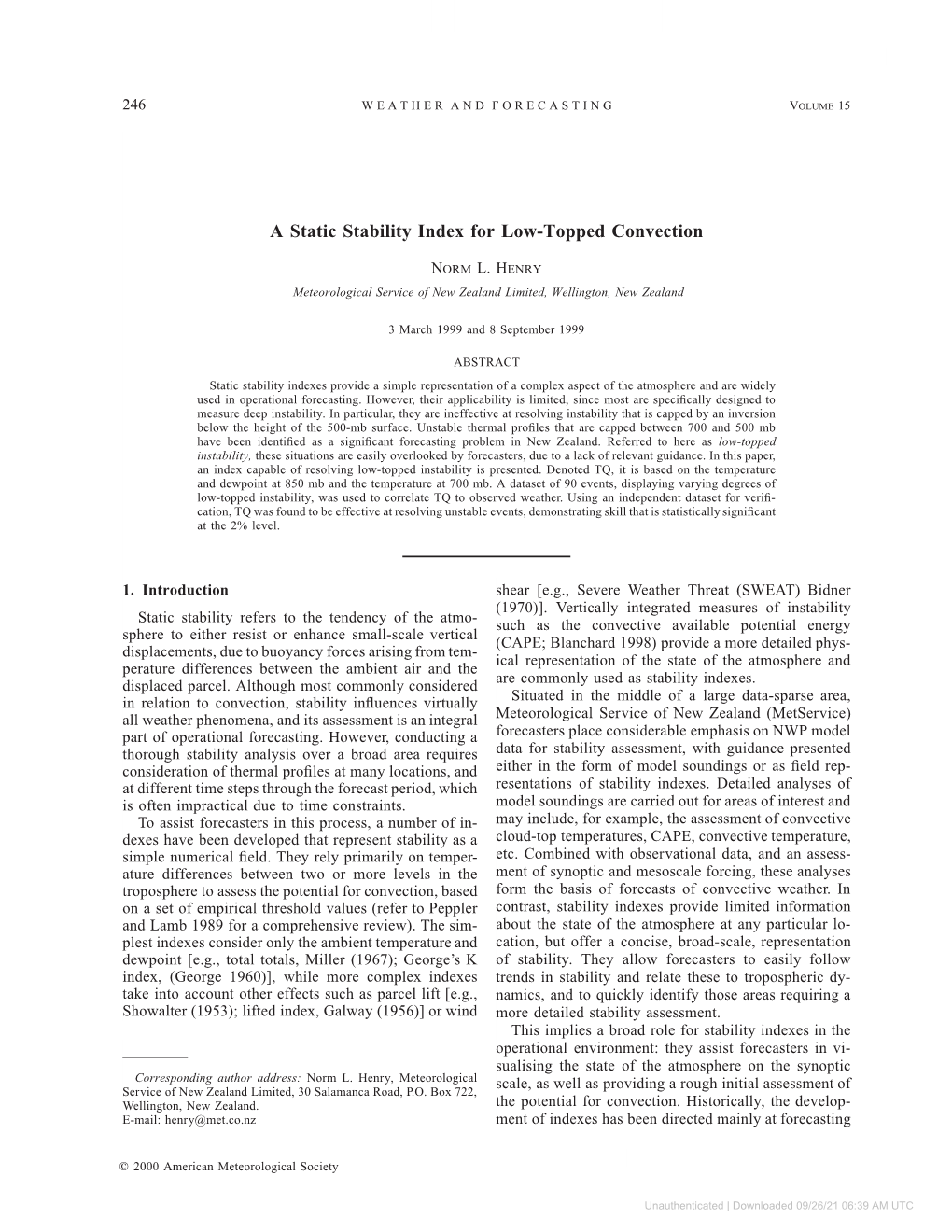 A Static Stability Index for Low-Topped Convection