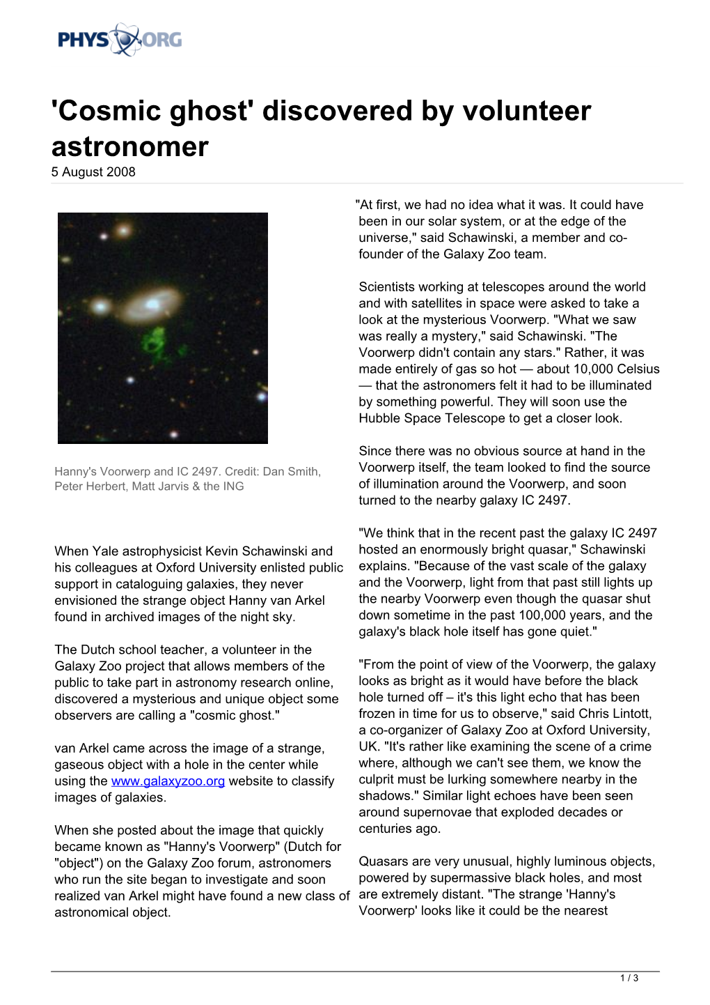 'Cosmic Ghost' Discovered by Volunteer Astronomer 5 August 2008