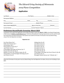 The Edvard Grieg Society of Minnesota 2019 Piano Competition Application