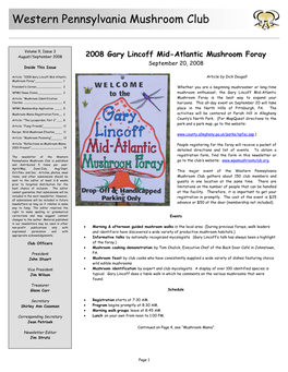2008 Gary Lincoff Mid-Atlantic Mushroom Foray September 20, 2008 Inside This Issue