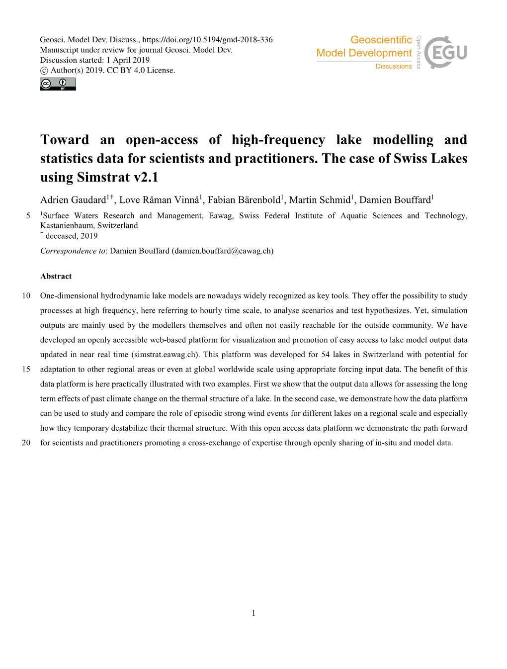 Toward an Open-Access of High-Frequency Lake Modelling and Statistics Data for Scientists and Practitioners