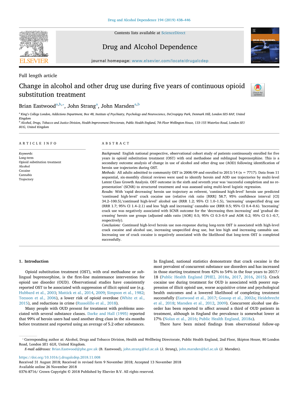 Change in Alcohol and Other Drug Use During Five Years of Continuous