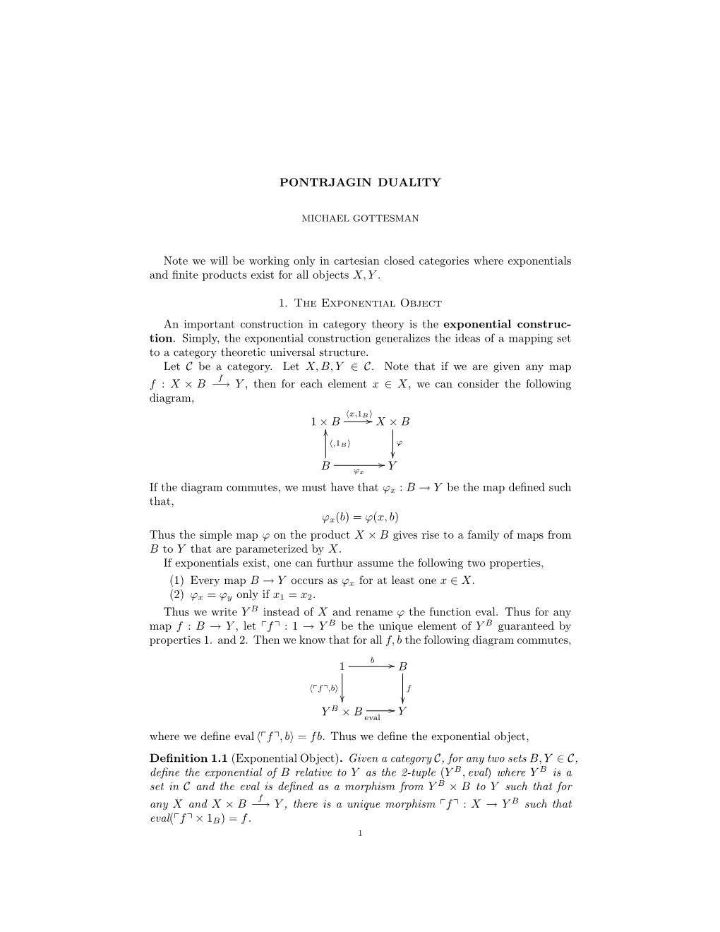 PONTRJAGIN DUALITY Note We Will Be Working Only in Cartesian Closed