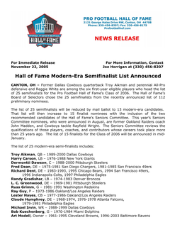 Hall of Fame Modern-Era Semifinalist List Announced