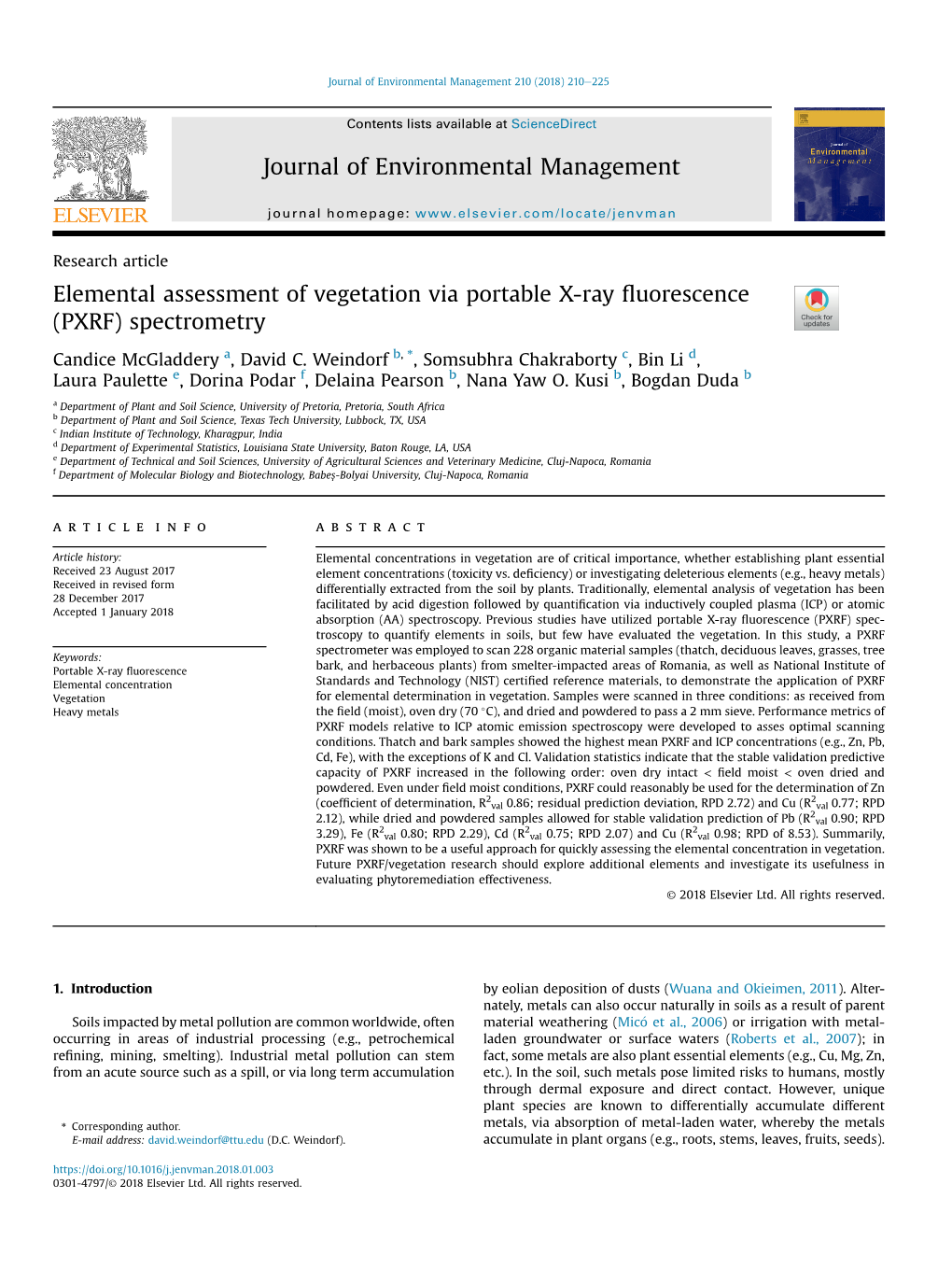 Elemental Assessment of Vegetation Via Portable X-Ray Fluorescence (PXRF) Spectrometry