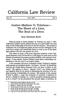 Justice Mathew O. Tobriner--The Heart of a Lion, the Soul of a Dove