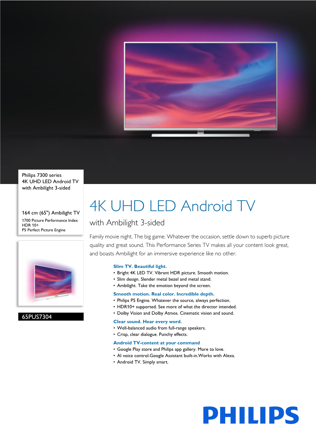 65PUS7304/12 Philips 4K UHD LED Android TV with Ambilight 3-Sided