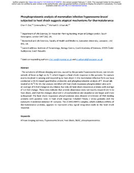 Phosphoproteomic Analysis of Mammalian Infective Trypanosoma Brucei Subjected to Heat Shock Suggests Atypical Mechanisms for Thermotolerance