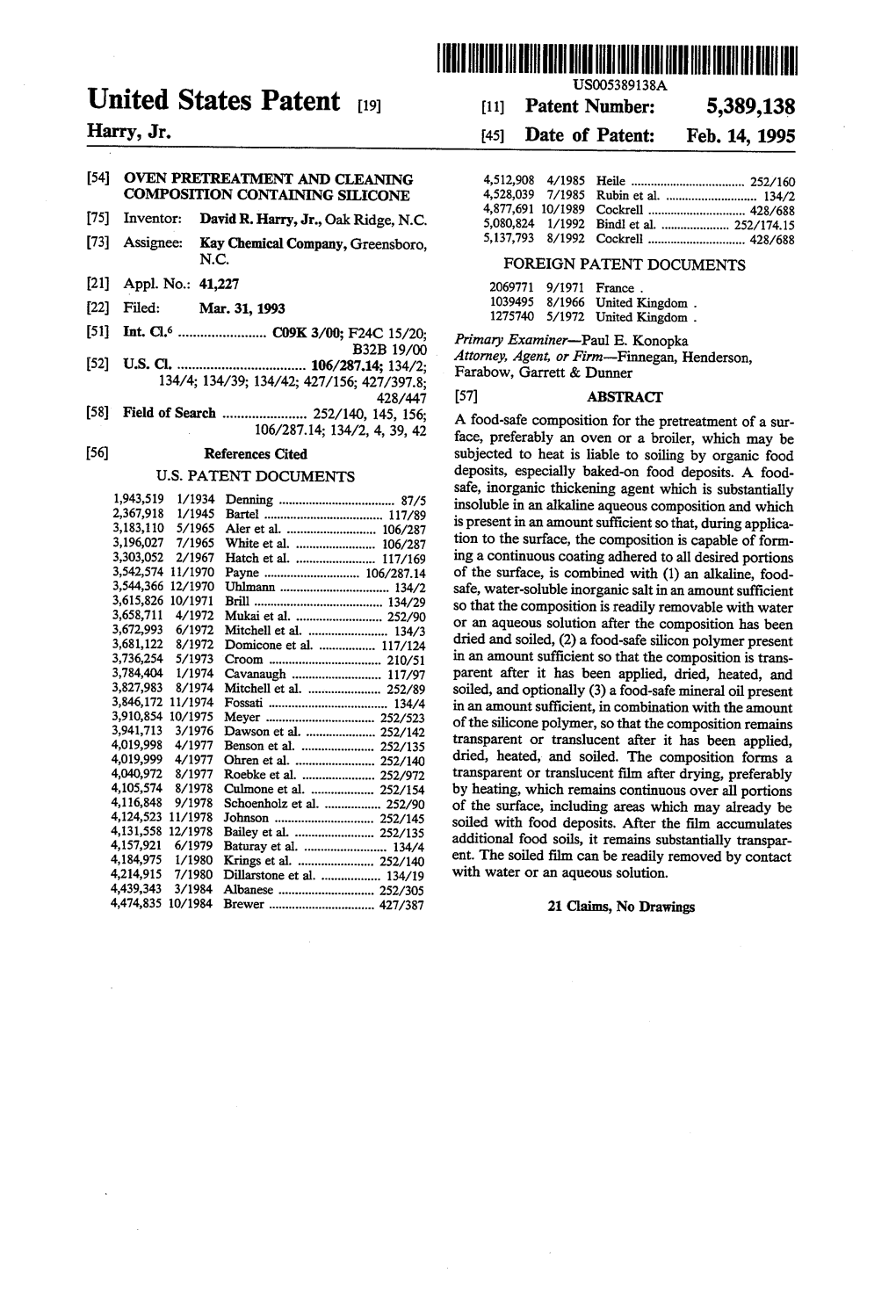 United States Patent (19) 11 Patent Number: 5,389,138 Harry, Jr