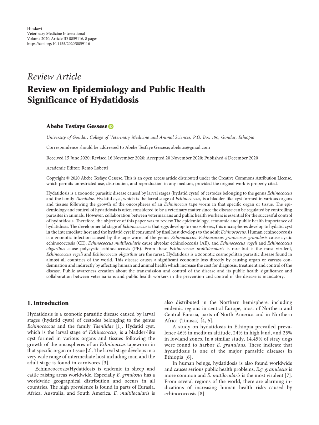 Review Article Review on Epidemiology and Public Health Significance of Hydatidosis