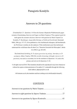 Panagiotis Kondylis Answers to 28 Questions