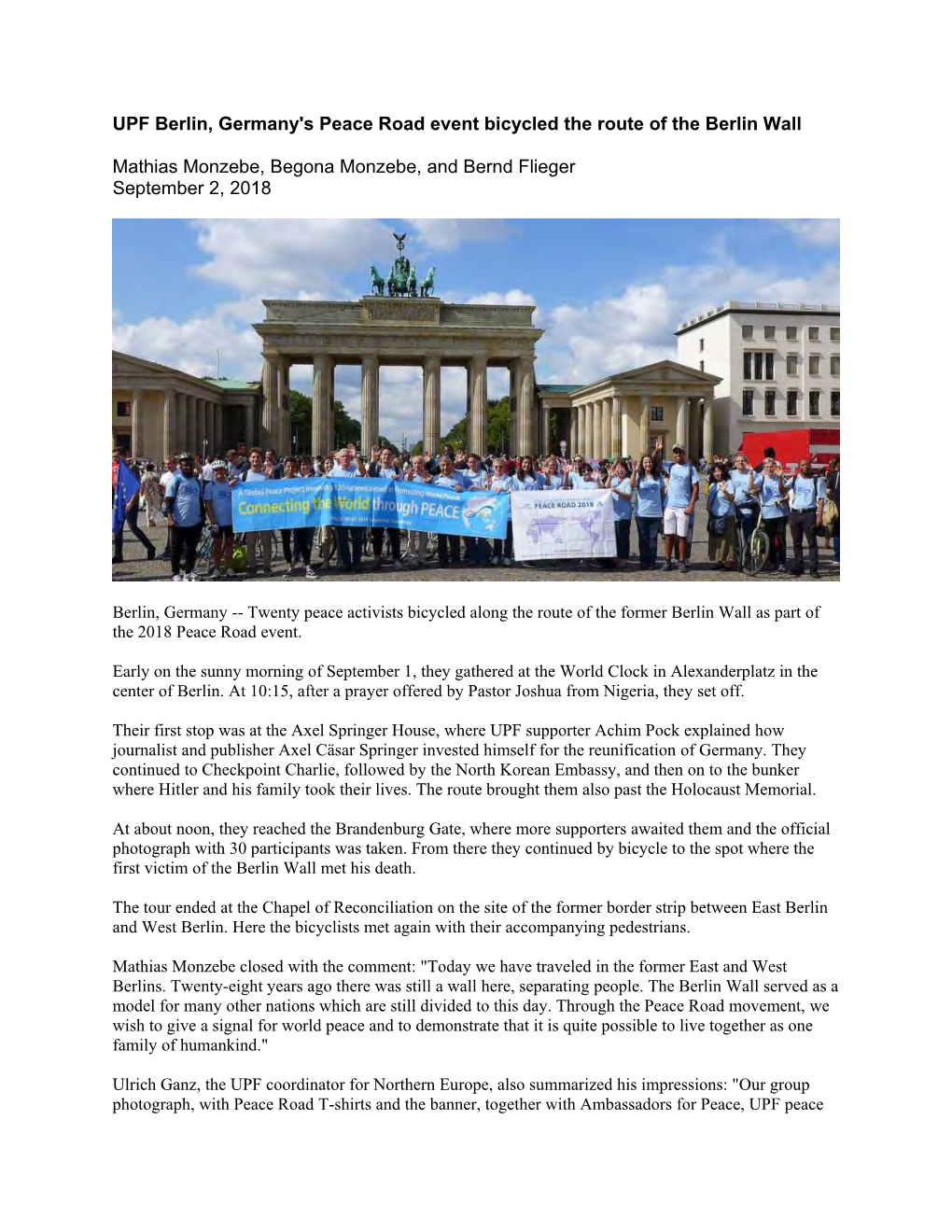 UPF Berlin, Germany's Peace Road Event Bicycled the Route of the Berlin Wall