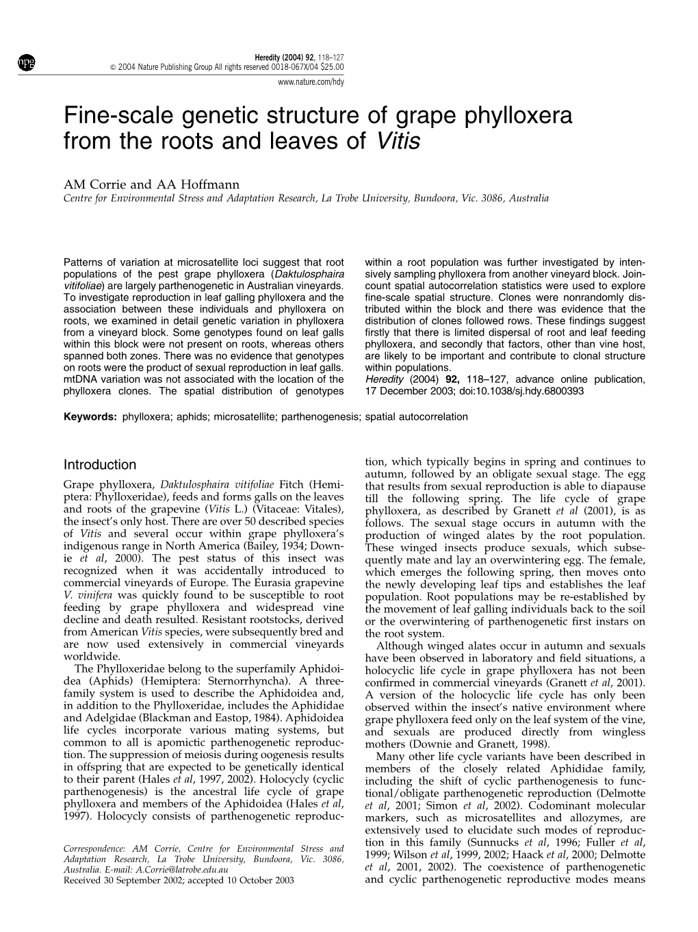 Fine-Scale Genetic Structure of Grape Phylloxera from the Roots and Leaves of Vitis