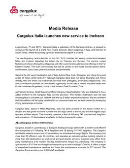 Media Release Cargolux Italia Launches New Service to Incheon