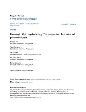 Meaning in Life in Psychotherapy: the Perspective of Experienced Psychotherapists