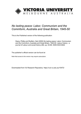No Lasting Peace: Labor, Communism and the Cominform, Australia and Great Britain, 1945-50