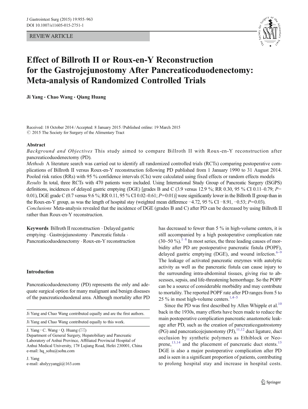 Effect of Billroth II Or Roux-En-Y Reconstruction for the Gastrojejunostomy After Pancreaticoduodenectomy: Meta-Analysis of Randomized Controlled Trials