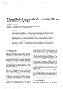 A Regional Social, Environmental and Economic Lifeline the Lake Gaston Water Supply Project