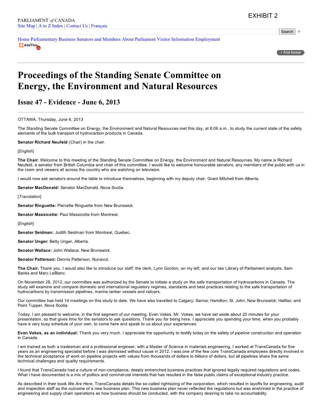 Proceedings of the Standing Senate Committee on Energy, the Environment and Natural Resources