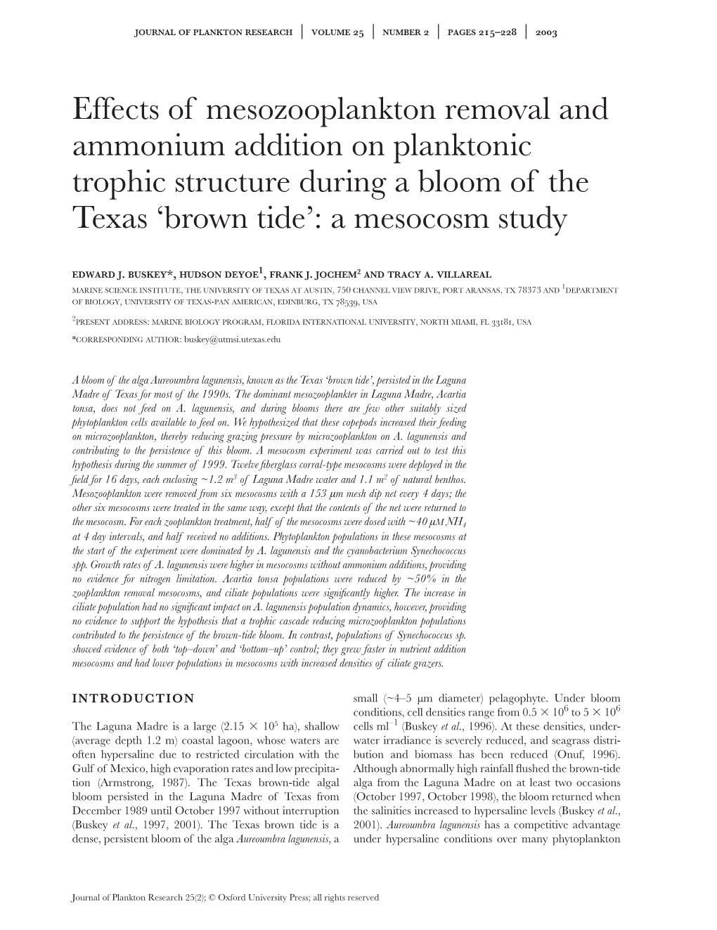 Effects of Mesozooplankton Removal and Ammonium Addition on Planktonic Trophic Structure During a Bloom of the Texas ‘Brown Tide’: a Mesocosm Study