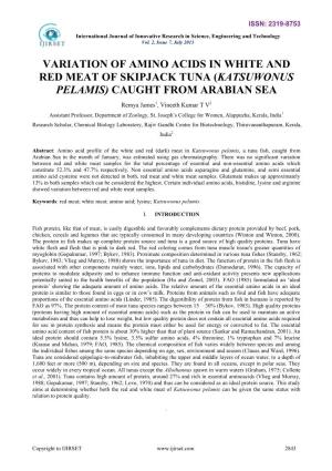 Variation of Amino Acids in White and Red Meat of Skipjack Tuna (Katsuwonus Pelamis) Caught from Arabian Sea