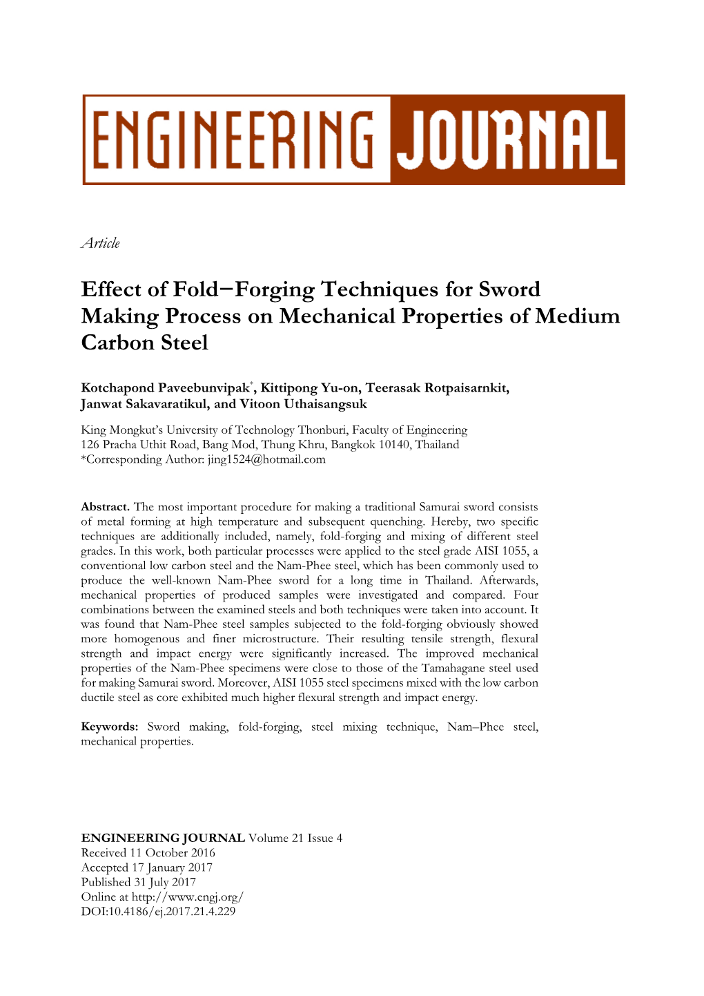 Effect of Fold−Forging Techniques for Sword Making Process on Mechanical Properties of Medium Carbon Steel