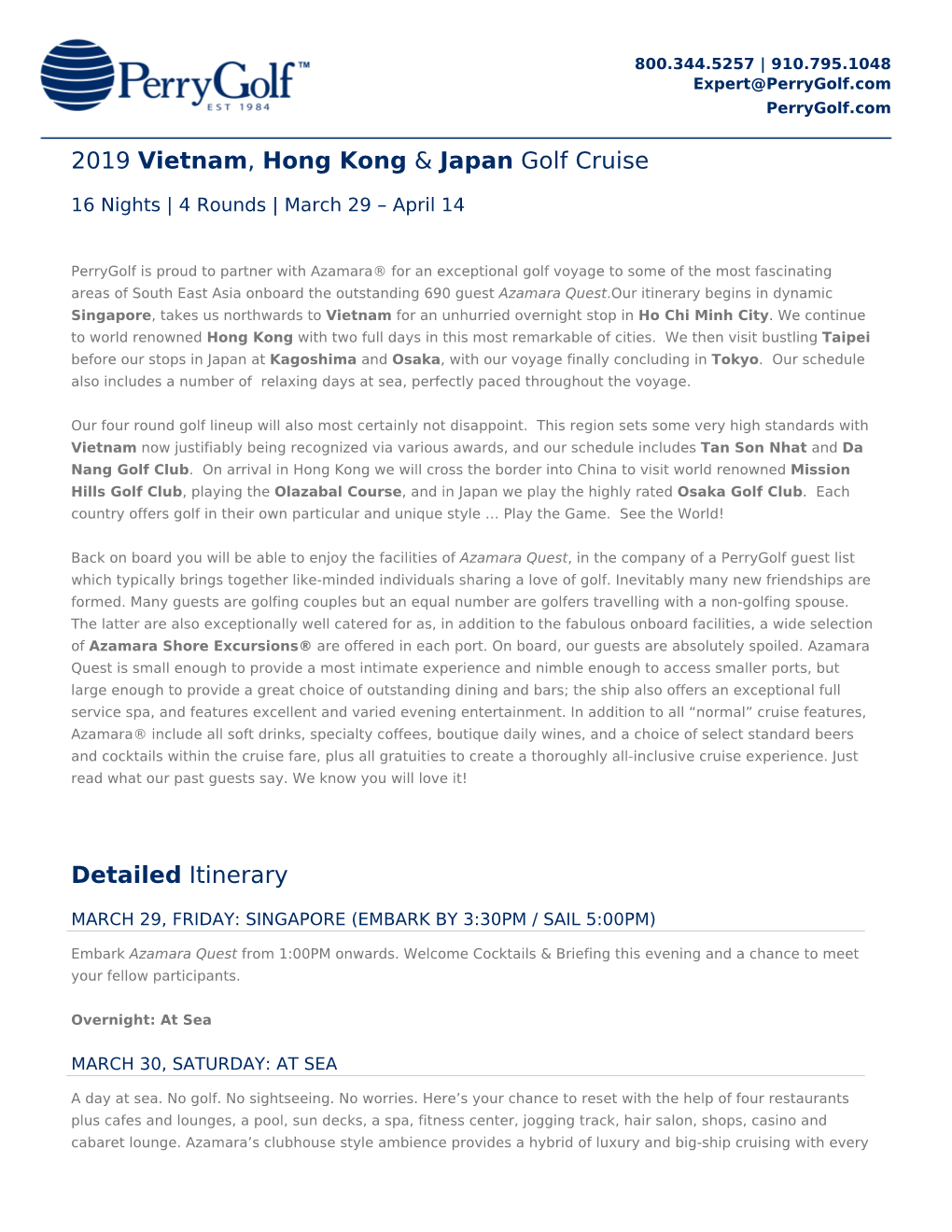 2019 Vietnam, Hong Kong & Japan Golf Cruise Detailed Itinerary