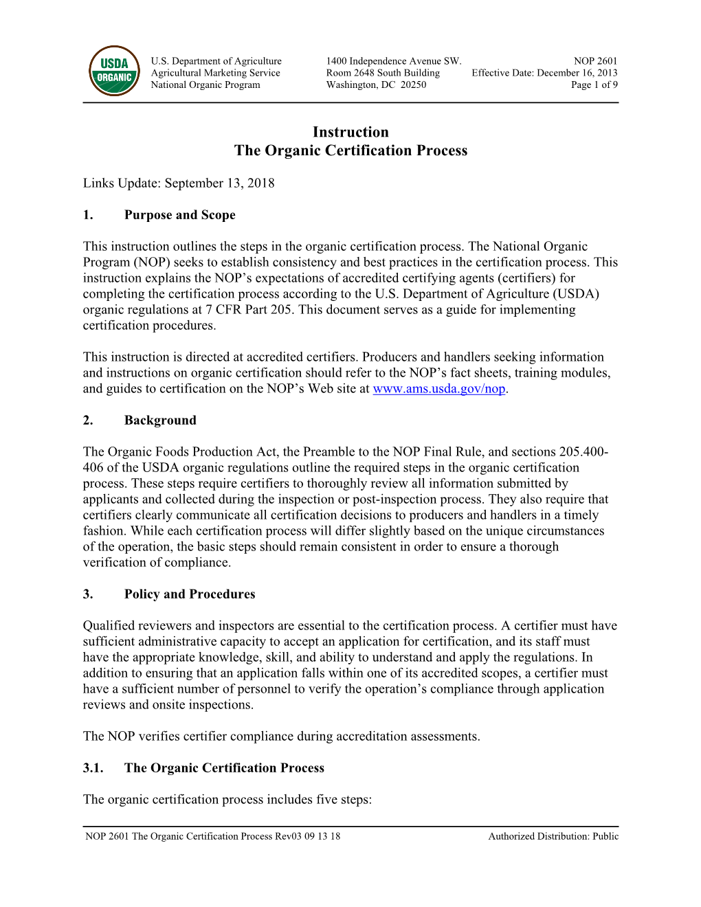 NOP 2601 the Organic Certification Process Rev03 09 13 18 Authorized Distribution: Public