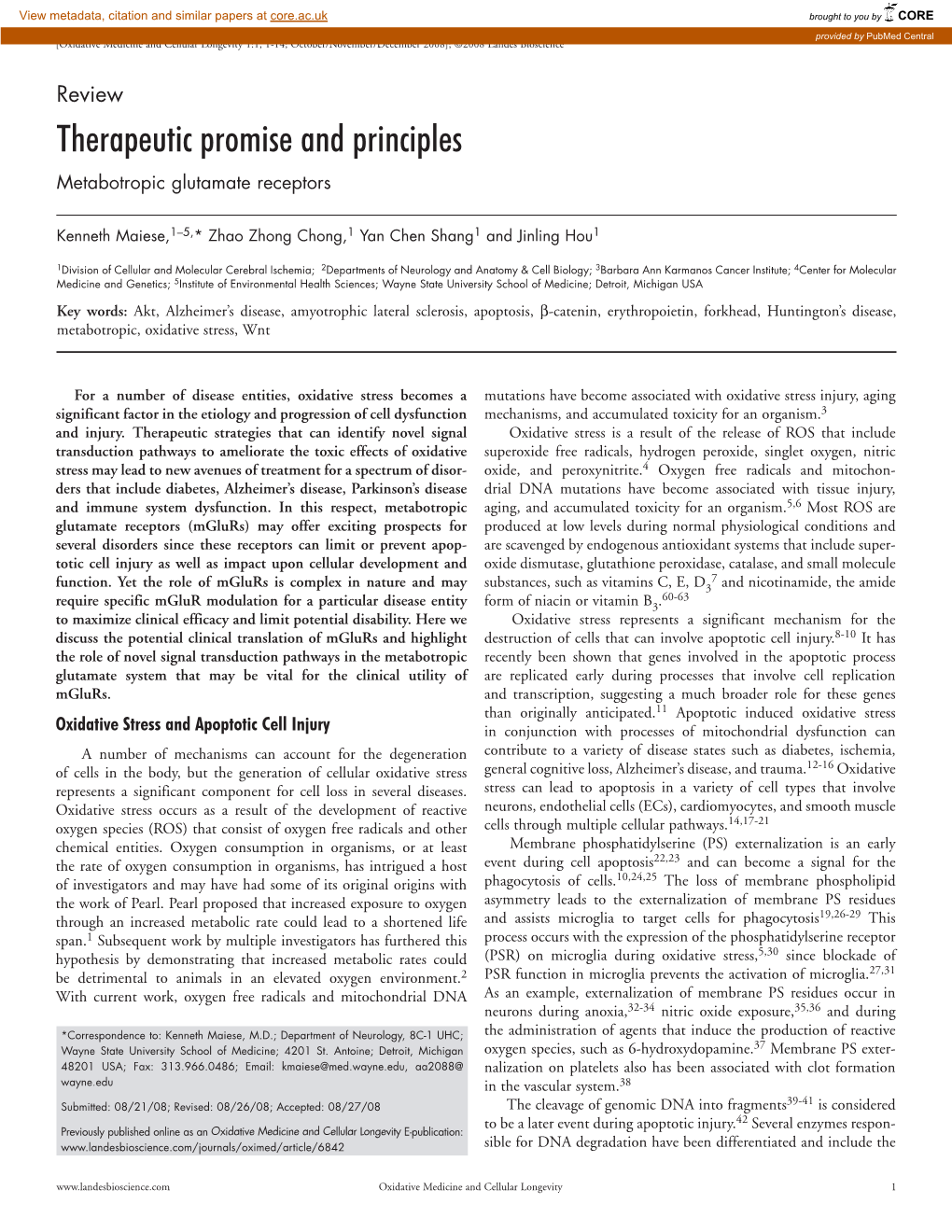 Therapeutic Promise and Principles Metabotropic Glutamate Receptors