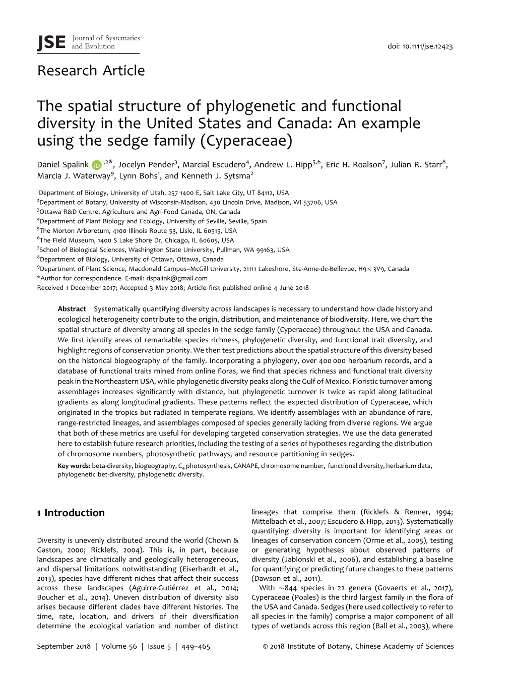 The Spatial Structure of Phylogenetic and Functional Diversity in the United States and Canada: an Example Using the Sedge Family (Cyperaceae)