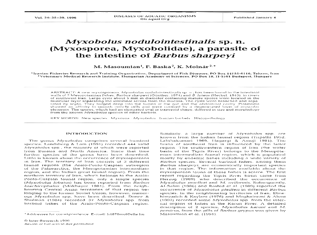 Myxobolus Nodulointestinalis Spa N. (Myxosporea, Myxobolidae), a Parasite of the Intestine of Barbus Sharpeyi