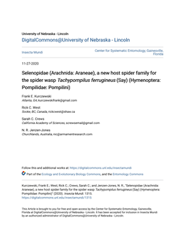 Selenopidae (Arachnida: Araneae), a New Host Spider Family for the Spider Wasp Tachypompilus Ferrugineus (Say) (Hymenoptera: Pompilidae: Pompilini)