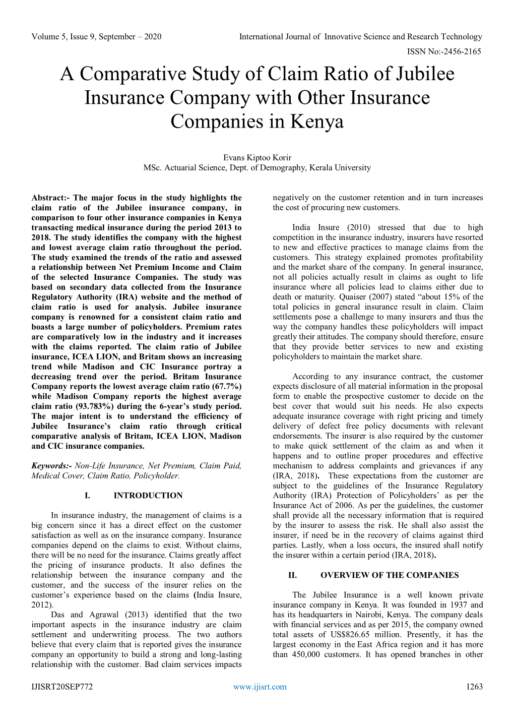 A Comparative Study of Claim Ratio of Jubilee Insurance Company with Other Insurance Companies in Kenya