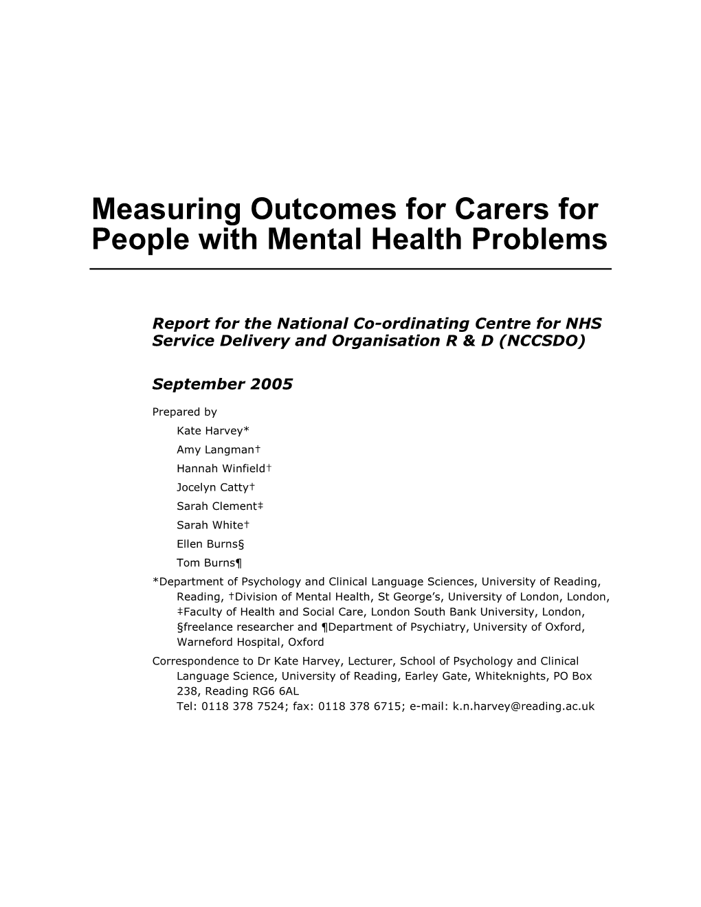 Measuring Outcomes for Carers for People with Mental Health Problems