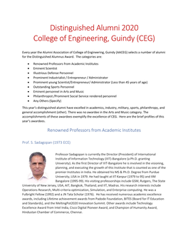 Distinguished Alumni 2020 College of Engineering, Guindy (CEG)