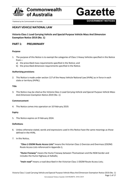 Victoria Class 1 Load Carrying Vehicle and Special Purpose Vehicle Mass and Dimension Exemption Notice 2019 (No