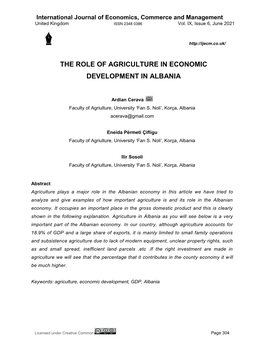 The Role of Agriculture in Economic Development in Albania