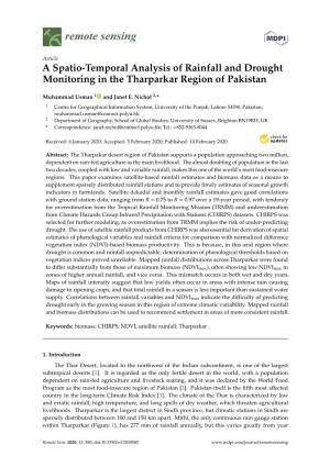 A Spatio-Temporal Analysis of Rainfall and Drought Monitoring in the Tharparkar Region of Pakistan