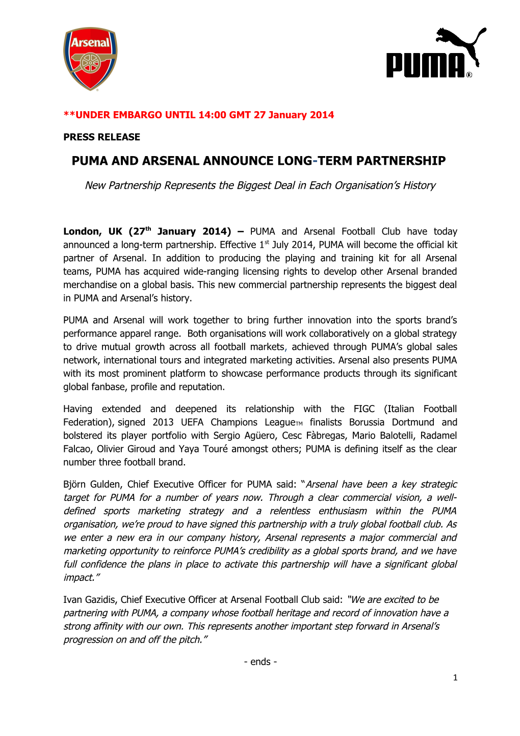 Puma and Arsenal Announce Long-Term Partnership