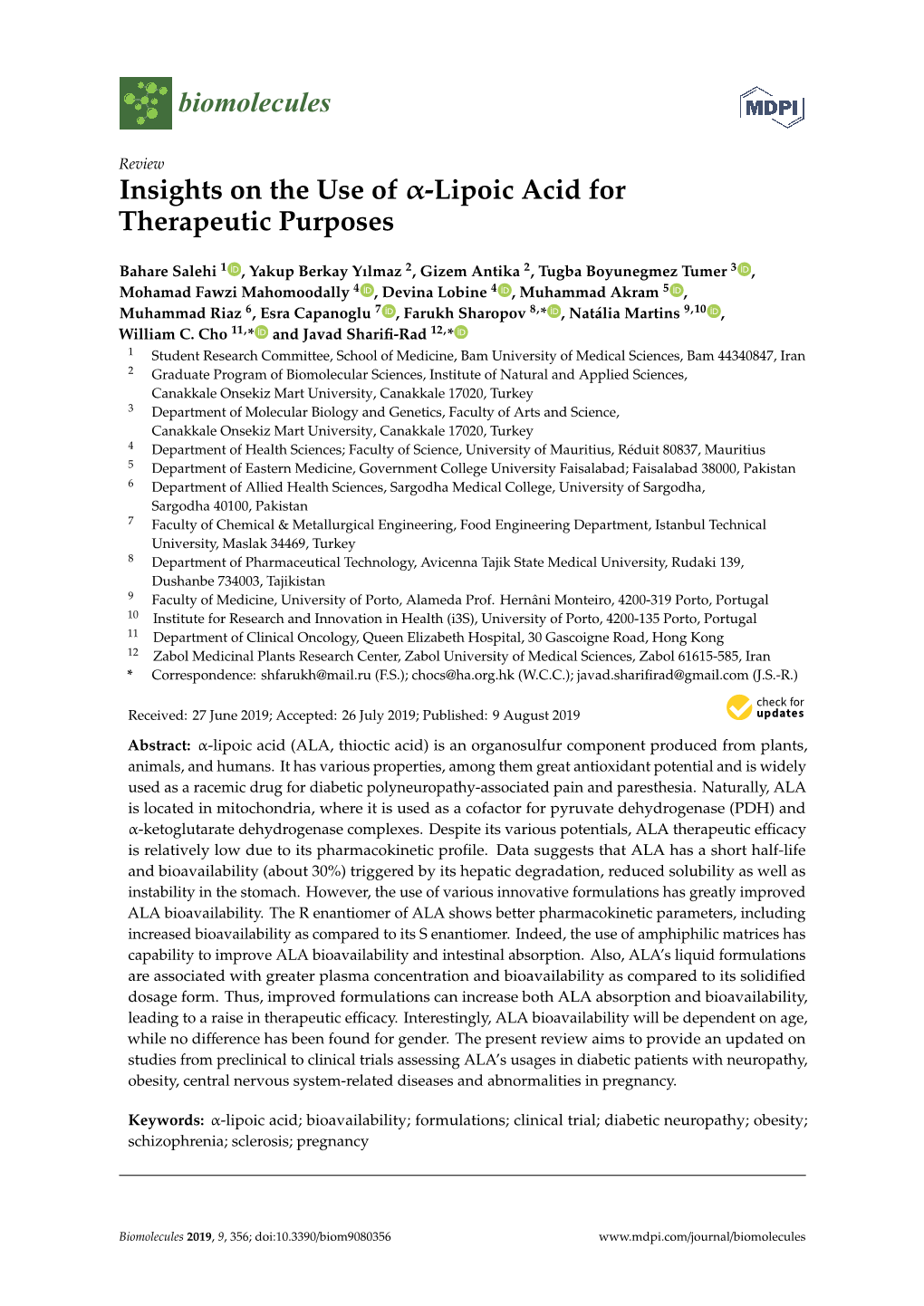 Insights on the Use of Α-Lipoic Acid for Therapeutic Purposes